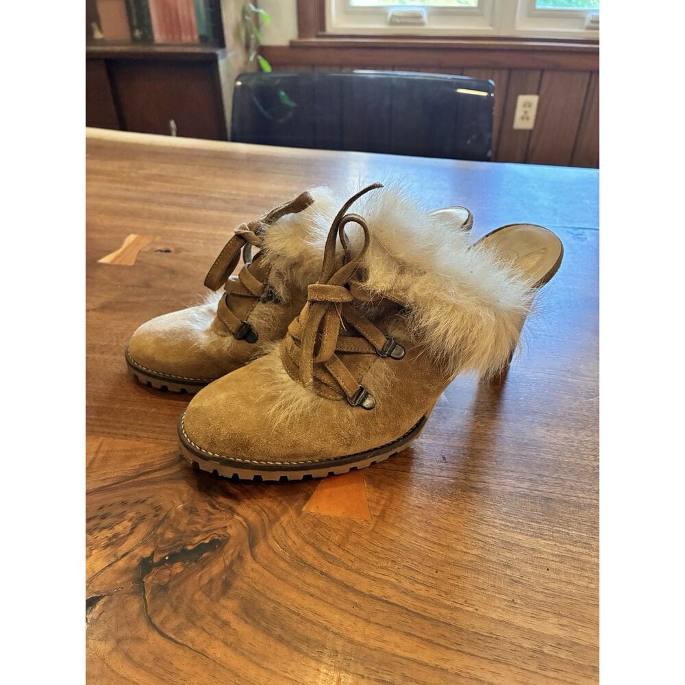 VTG Coach Y2K Kristy Suede high-heeled Winter Mules Beige Fur Trim (8M) Designer